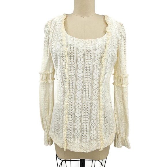 Vtg Fashioned by Gregory Blouse Womens 14 Ivory Lace Ruffles Long Sleeve Prairie - Picture 2 of 8